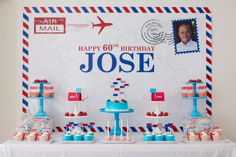 Jose' Post Office Themed 60th Birthday | CatchMyParty.com Postal Worker Retirement Party, Airplane Birthday Party Ideas, Office Retirement Party, Retirement Party Centerpieces, Office Themed Party, 90th Birthday Parties, Airplane Birthday Party, Office Party Decorations, Retirement Party Decorations