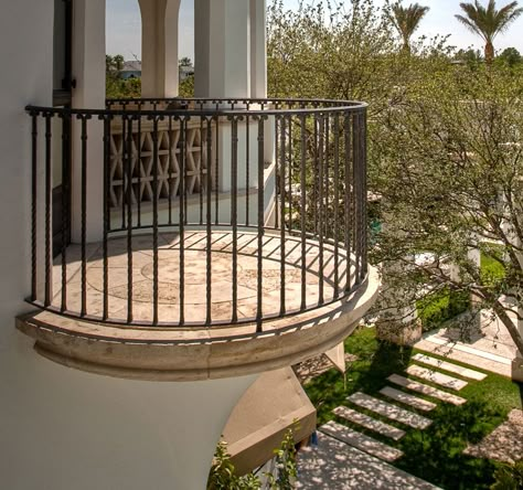 Ironwood Designs: Photo gallery of ornamental iron balconies and railings Curved Balcony Railing, Curved Balcony Ideas, Round Balcony Railing Design, Mediterranean Balcony Railing, Curved Balcony, Round Balcony, Classic Balcony, Balcony Exterior, Iron Balcony Railing