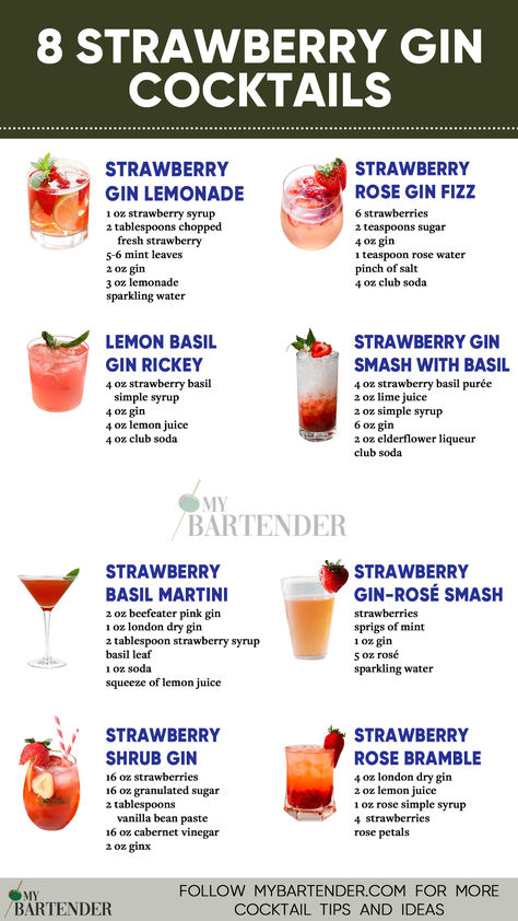 Strawberry Gin Cocktails Cocktails Recipes Gin, Batch Gin Cocktails, Strawberry Drinks Alcohol, Drinks With Strawberry Syrup, Red Fruity Cocktails, Gin Cocktails Easy, Types Of Gin, Raspberry Gin Cocktail Recipes, Strawberry Gin Smash Cocktail