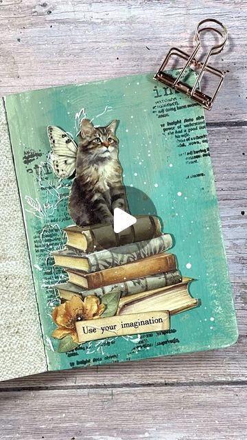 Vicky Papaioannou on Instagram: "Mint today - a fun new page on my mini art journal. Use your imagination and create the unexpected on your pages… just like I made a cat with wings 😂 

💬Comment a background color to use next!

🔗 link to the supply list in bio or just comment “Supplies” and check your messages for the link 
#artjournal #minijournal #creativejournal #aestheticjournal #mixedmediajournal" Patina Texture, Cat With Wings, Vicky Papaioannou, Mini Art Journal, Use Your Imagination, Dry Brush Technique, Layer Dip, Secret Diary, Mixed Media Journal