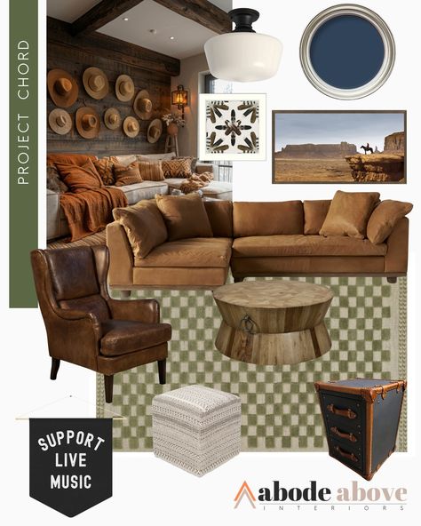 Channeling some serious folksy rock vibes in this living room mood board—think Johnny Depp meets Keith Urban! 🎸✨ It’s all about down-home charm with a touch of rustic style, creating the perfect balance of masculine and whimsy. From weathered woods to cozy textures, every detail is designed to feel lived-in and effortlessly cool. This space is ready for laid-back hangs with a hint of rock 'n' roll edge.⁠ ⁠ #housegoals #abodeaboveinteriors #moodboardmonday #designmoodboard Living Room Mood Board, Room Mood Board, Rock Vibes, Affordable Interior Design, Design Hack, Keith Urban, Mood Board Design, Key Design, House Goals