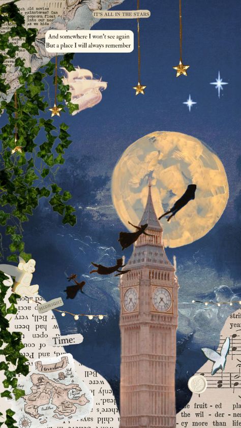 #peterpan #disney #night #london #bigben #art #movies #vibes #moon #magic #tinkerbell Disney Night, Old Disney Movies, Art Movies, London Night, Disney Collage, Disney Phone Wallpaper, Old Disney, Moon Magic, Old Movies