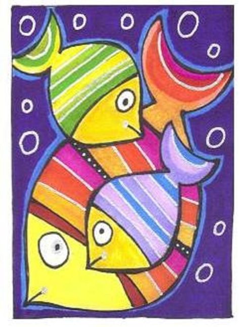 .Overlapping Fish Colorful Fish Painting, Fish Art Drawing, Overlapping Art, Camping Art, Fish Painting, Art Drawings For Kids, Fish Art, Elementary Art, Childrens Art