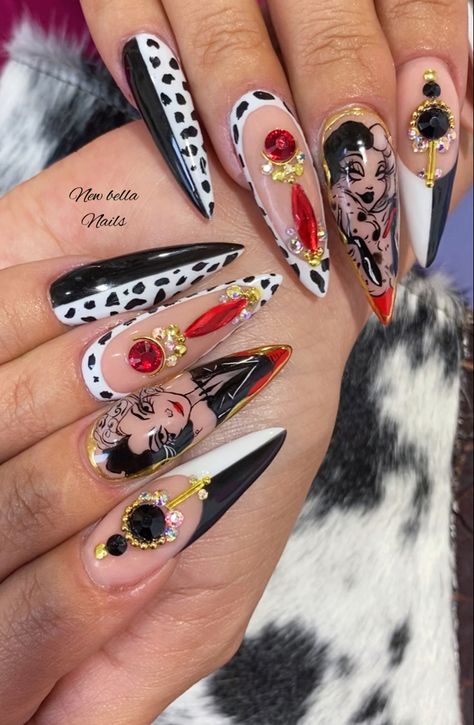 Cruella Deville Nails, Cruella Nails, Devil Nails, King Julian, Nails Disney, Coco Nails, Junk Nails, Halloween Acrylic Nails, Art Deco Nails