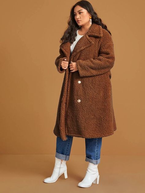 Oversized Brown Double-breasted Pea Coat, Brown Teddy Bear Coat Outfit, Teddy Coat Brown, Teddy Bear Jacket Plus Size, Brown Plush-lined Outerwear For Cold Weather, Types Of Coats, Fitted Coat, Pastel Pattern, Notched Collar