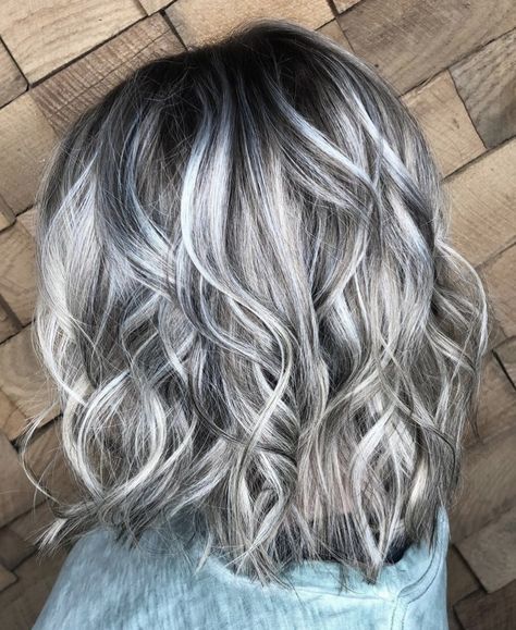 Baylage Grey Hair Highlights, Biolage Grey Hair, Platinum Gray Highlights On Brown Hair, Gray Hair Highlights Silver Ash Blonde Long Bobs, Hair Color Ideas For Blending Grey, Highlights For Women With Gray Hair, Grey Biolage Hair, Gray Shoulder Length Hair, Gray Hair With Black Highlights