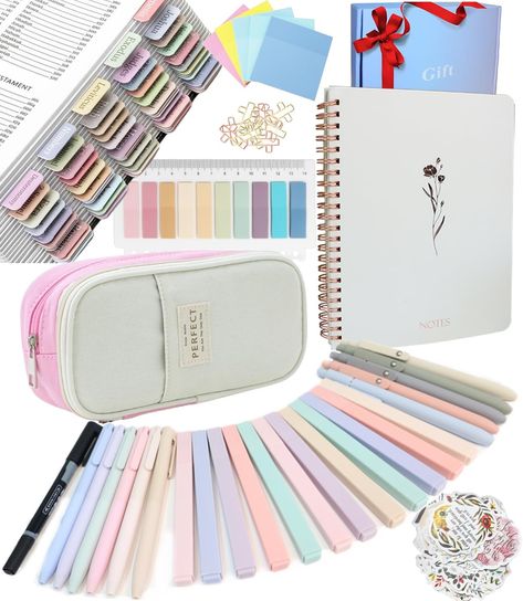 VALUE SET: Includes 66 Bible Tabs and 9 personalized blank Tabs, 12 Highlighters, 5 ink pens and 6 multi-color pens, 5-color semi-transparent sticky notes and index tabs (with 1 marker), Pen Case, Aesthetic Spiral Notebook, scripture stickers and more! ALL-IN-ONE SET: Helps you enhance your Bible study experience. Equipped with a variety of themed tools, colorful accessories and more to meet your Bible study needs at once. Bible Study Supplies, Annotation Kit, Teen Girls Bible Study, Girl Bible Study, Study Supplies, Notebook And Pen, Multi Color Pen, Journaling Kit, Wishlist Ideas