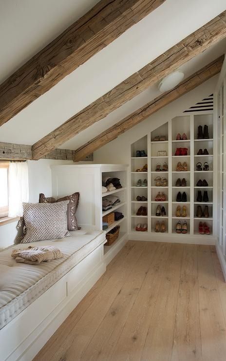 Attic Closet with Sloped Ceiling - Cottage - Closet Small Attic Bathroom, Loft Conversion Bedroom, Attic Bedroom Storage, Attic Office, Attic Renovation Ideas, Attic Bedroom Designs, Attic Closet, Attic Loft, Attic Playroom