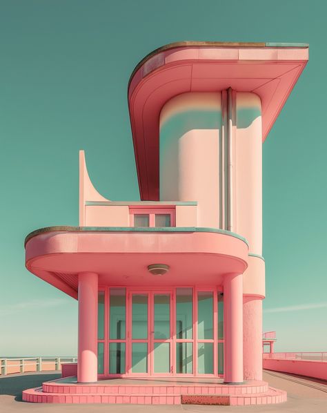 I tried to cartoonify and pastelise (yes I know, not real words) a local building, This is from the promenade in Skegness, Lincolnshire. It bares a resemblance Retro Futuristic Building, Pink Building, Graphic Design Cv, Futuristic Building, Geometric 3d, Design Cv, Pink City, Small Meals, Cozy Mysteries