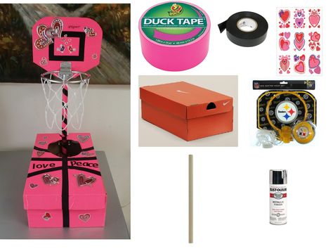 Girls DIY basketball Valentines Box: MATERIALS USED: Nike shoe box. Pink Duct tape. Black electrical tape. Stickers. Mini basketball hoop set (five below) Wooden dowel (Lowes 3/4" cut to length) to hold hoop set. Brackets to secure dowel to box. Silver spray paint for basketball rim. *The mini basketball hoop set was actually black and gold for Steelers but with tape and spray paint you can make it any color* Sports Valentines Boxes, Minecraft Valentines Cards, Basketball Valentine Boxes, Basketball Valentines, Cool Valentine Boxes, Sports Valentines, Nike Shoe Box, Valentines Card Holder, Minecraft Valentines