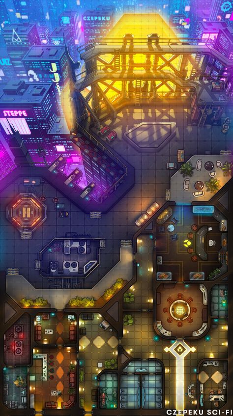 This is the highest view of the city skyline that you've ever seen! How would your party get down from here? 🪂 Cyberpunk Dnd Map, Cyberpunk Red Map, Sci Fi Battlemap, Cyberpunk Map, Space Dnd, Cyberpunk Cities, Roll20 Maps, Marvel Rpg, Cyberpunk Red