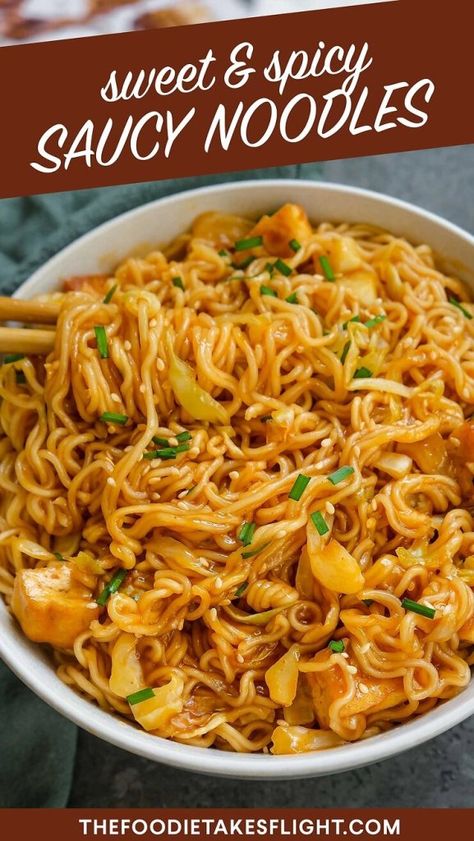 Easy Sweet, Spicy, and Saucy Noodles (Vegan) – The Foodie Takes Flight Saucy Noodles, Ramon Noodles, Spicy Asian Noodles, Chipotle Pasta, Spicy Ramen Noodles, Ramen Recipes Easy, Asian Noodle Recipes, Noodle Recipes Easy, Spicy Ramen