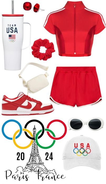 2024 Olympics Outfit | ShopLook Olympics Outfits, 1970s Outfits, Red Scrunchie, 2024 Summer Olympics, Olympic Swimming, 2024 Olympics, Red Earrings Stud, Simple Style Outfits, Red Studs