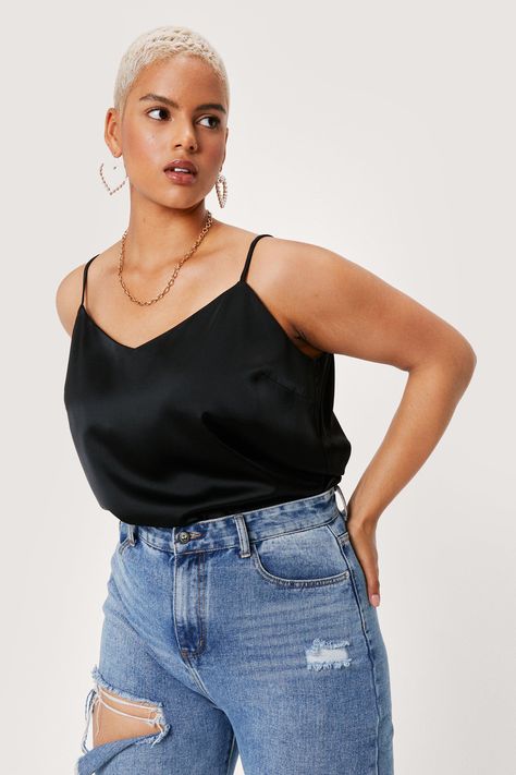 Spaghetti Strap Top Outfit, Plus Size Cami Tops, Going Out Crop Tops, Black Spaghetti Strap Top, Plus Size Satin, Leopard Print Cami, Satin Cami Top, Black Cami Top, Satin Cami