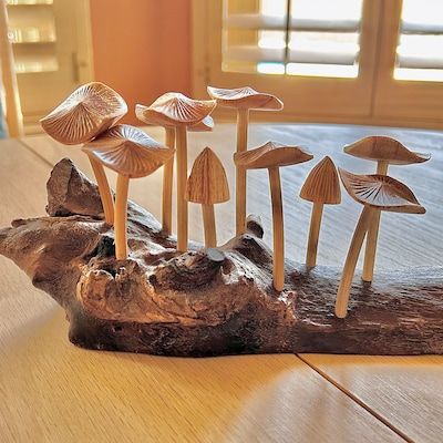 Mushroom Statue Wooden Mushrooms on Log Sculpture Handmade - Etsy Mushrooms On A Log, Mushrooms On Log, Moon Faerie, Log Sculpture, Mistletoe Plant, Faerie Ring, Mushroom Statue, Wooden Mushrooms, Cool Welding Projects