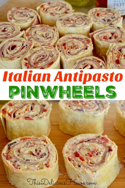 Italian Antipasto Pinwheels are easy to make and have all of those delicious antipasto flavors you love. #italianpinwheel #antipastopinwheel Italian Pinwheels Cream Cheeses, Italian Rollups Appetizers, Antipasto Roll Up, Italian Tortilla Pinwheels, Italian Roll Ups Tortilla, Antipasto Pinwheels, Italian Pinwheel Appetizers, Italian Roll Ups, Rollups Appetizers