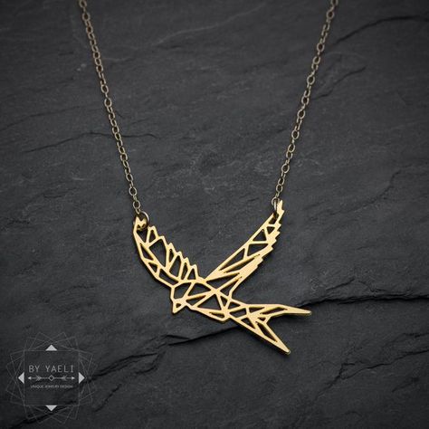 Bird Swallow, Origami Tattoo, Tattoo Bird, Origami Necklace, Geometric Origami, Dinosaur Necklace, Nature Necklace, Bird Necklace, Bird Pendant