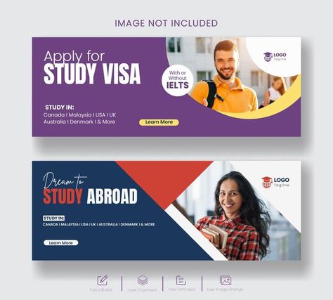 Study abroad facebook cover header and e... | Premium Vector #Freepik #vector #cover #banner #template #facebook-timeline Facebook Header Cover Photos, Cover Header, Facebook Header, Template Facebook, Facebook Timeline, Fb Covers, Web Banner, Banner Template, Cover Pages