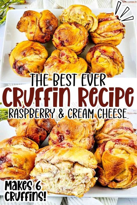 two photo collage of raspberry cream cheese cruffins with text overlay. Cruffin Recipe, Recipes Using Crescent Rolls, Crescent Roll Breakfast Recipes, Preschool Cooking, Homemade Croissants, Best Breakfast Casserole, Breakfast Crescent Rolls, Crescent Roll Recipes, Peach Cobbler Recipe