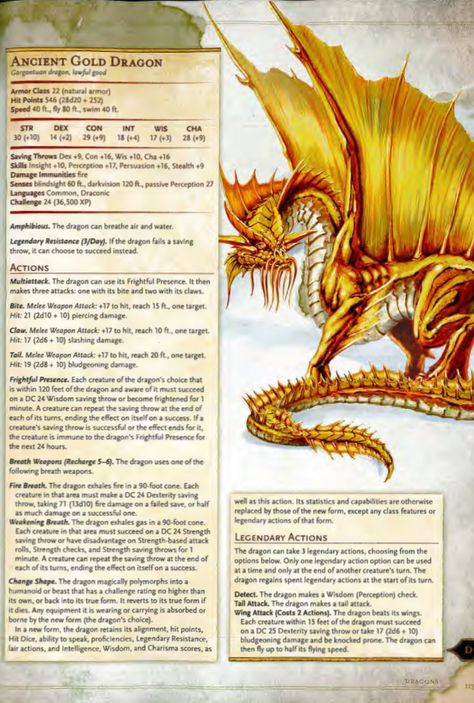 Gold Dragon Dnd, Ancient Gold Dragon, Dragon Dnd, Monster Manual, Dnd Stats, Dnd Character Sheet, Mythical Monsters, World Mythology, Ancient Dragon