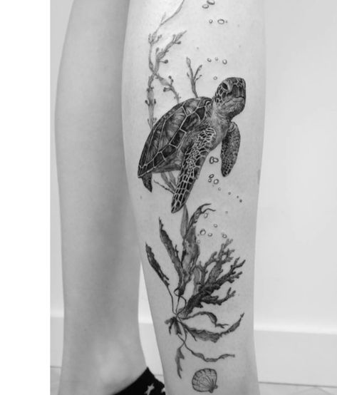 Turtle Forearm Tattoo, Turtle Tattoo Ideas For Women, Aquatic Tattoos, Sea Turtle Tattoo Ideas, Sea Tattoo Sleeve, Coral Tattoo, Turtle Tattoo Ideas, Tattoos Black And White, Tortoise Tattoo