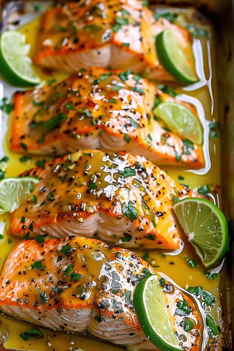 Honey-Lime Garlic Butter Baked Salmon - An Organized Chaos Honey Garlic Lime Salmon, Pan Cooked Salmon Recipes, Carribean Salmon, Baked Honey Lime Garlic Butter Salmon, Baked Fish Fillet Recipe, Sauce For Baked Salmon, Skinless Salmon Recipes Baked, Salmon And Mushrooms Recipes, Roasted Salmon Oven