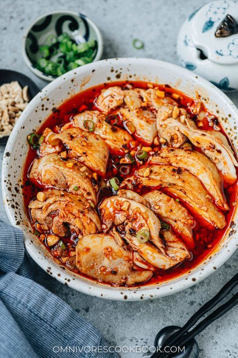 Experience the authentic flavors of Sichuan cuisine with this mouth-watering recipe for saliva chicken. The dish features tender juicy chicken smothered in a rich and spicy sauce that is bursting with umami, just like the one served in China. Saliva Chicken, Sichuan Recipes, Sichuan Chicken, Chicken Smothered, Red Oil, Spicy Sauce, Juicy Chicken, Turkey Recipes, Mouth Watering