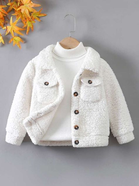 White Casual Collar Long Sleeve Flannelette Plain Teddy Embellished Slight Stretch Toddler Girls Clothing Kids Dress Collection, Sewing Baby Clothes, Toddler Jacket, Dress Women Elegant, Fashionable Baby Clothes, Flannel Jacket