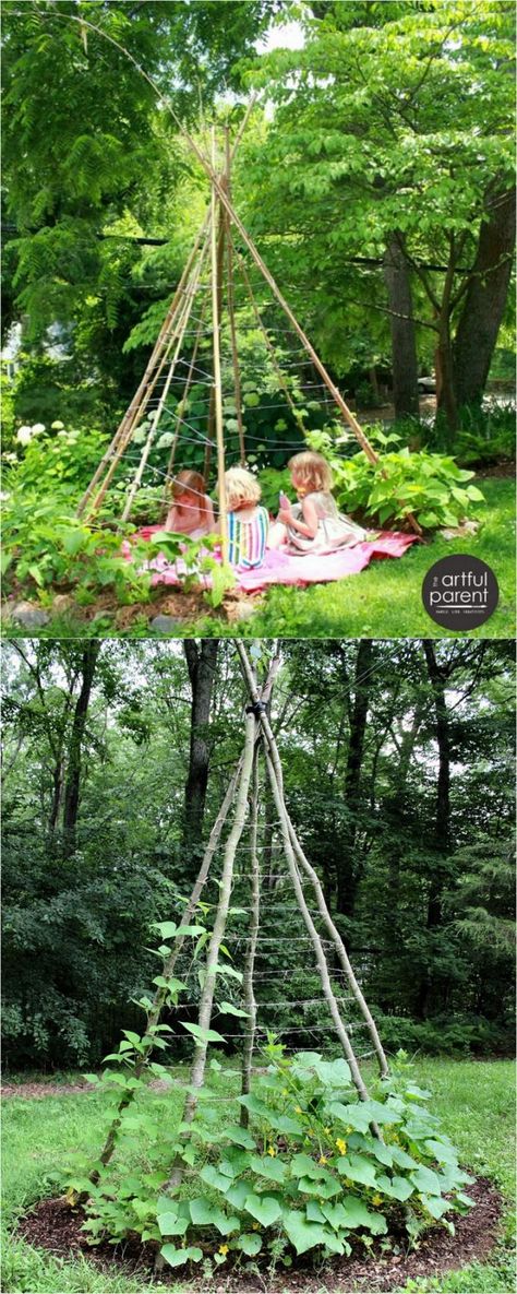 Create enchanting garden spaces with 21 beautiful and DIY friendly trellis and garden structures, such as tunnels, teepees, pergolas, screens and more! Stick Teepee Diy, Tee Pee Trellis, Teepee Trellis Diy, Diy Plant Trellis, Stick Trellis, Diy Garden Trellis Ideas, Easy Diy Garden Ideas, Teepee Trellis, Garden Trellis Ideas