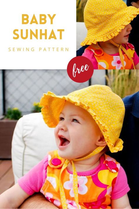 Baby Sunhat FREE sewing pattern (6-12 months). Isn't this a pretty Baby Sunhat with ruffles and ties? The designer gives you the option to make this Baby Sunhat with or without the ruffle. Little ones can look super-adorable in hats. This pattern will add some summer fun to your little one's summer fashion options. SewModernKids Sunhat Pattern, Baby Bonnet Pattern, Baby Summer Hat, Kids Clothes Patterns, Hat Patterns To Sew, Free Sewing Pattern, Sewing Patterns Girls, Free Pdf Sewing Patterns, Baby Sun Hat