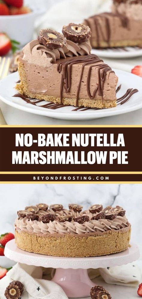 Don't miss out on this marshmallow pie recipe! From the graham cracker crust to the Nutella cream filling, it's one of the best no-bake treats you'll ever try. Pin this dessert idea for later! Christmas Pie Graham Cracker Crust, Nutella No Bake Pie, Treats With Marshmallow Fluff, Easy Desserts With Marshmallow Fluff, Graham Cracker Pie Recipes, Pie With Marshmallow Fluff, Recipes With Marshmallow Fluff, Desserts With Graham Cracker Crust, No Bake Pies With Graham Cracker Crust