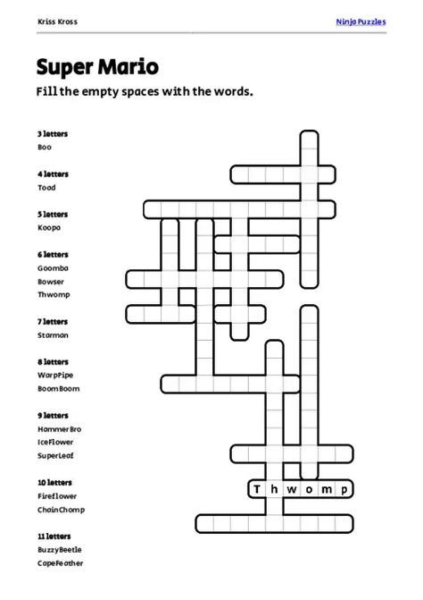 Explore Kriss Kross puzzles, perfect for word enthusiasts of all ages. These crossword-style puzzles, also known as criss cross, ask you to fit a list of words into a grid. Enjoy hours of puzzling as you complete these engaging puzzles. Disney Crossword Puzzles, Crossword Puzzle Design, Hammer Bro, Math Crossword Puzzles, Kriss Kross, Kids Crossword Puzzles, Crossword Puzzle Maker, List Of Words, Word Puzzles