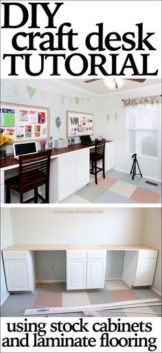 Diy Craft Desk, Diy Crafts Desk, Craft Room Desk, Craft Table Diy, Stock Cabinets, Dream Craft Room, Craft Desk, Scrapbook Room, Room Desk