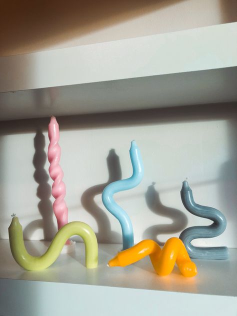 Twisted Candles Aesthetic, Bendy Candles Aesthetic, Bent Candles, Curvy Candles, Twisty Candles, Bendy Candle, Funky Candles, Blue Taper Candles, Bendy Candles