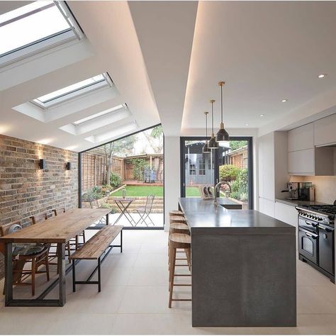 Before and After 🏡 on Twitter: "… " American Style Homes, Vaulted Ceiling Lighting, Kitchen Diner Extension, House Extension Plans, Open Plan Kitchen Dining Living, Open Plan Kitchen Diner, Open Plan Kitchen Dining, Open Plan Kitchen Living Room, London Kitchen