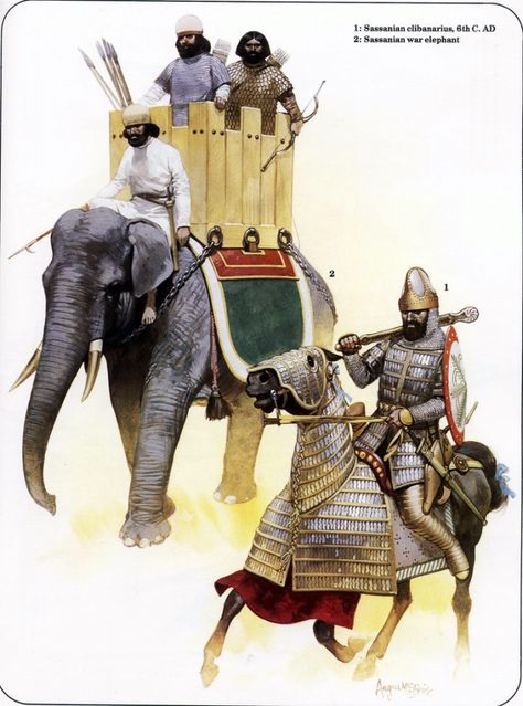 ( - p.mc.n. ) Eléphant de guerre perse, vers 500 ap JC.  Illustration d'Angus Mc Bride. Parthian Empire, Persian Warrior, Warriors Illustration, Historical Warriors, Historical Illustration, Ancient Persia, Persian Empire, Ancient Warfare, Historical Armor