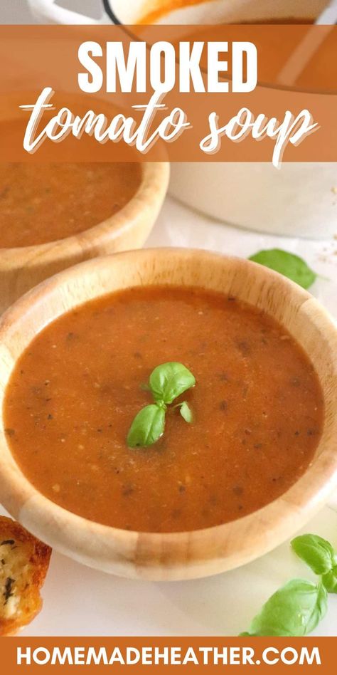 Creamy Smoked Tomato Basil Soup (Panera Copycat Recipe) Panera Tomato Soup Recipe, Soup Panera, Panera Copycat, Homemade Tomato Soup Recipe, Vegan Tomato Soup, Smoked Tomatoes, Classic Grilled Cheese, Leftovers Soup, Basil Soup