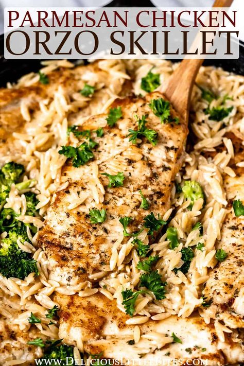 One Skillet Garlic Butter Chicken With Zucchini Orzo, Garlic Chicken And Orzo, Chicken Orzo Skillet One Pot, Skillet White Pesto Chicken And Orzo, Parmesan Chicken With Orzo, One Skillet Parmesan Chicken And Orzo, Creamy Parmesan Chicken Orzo, Healthy Chicken And Orzo Recipes, Chicken Parm Orzo