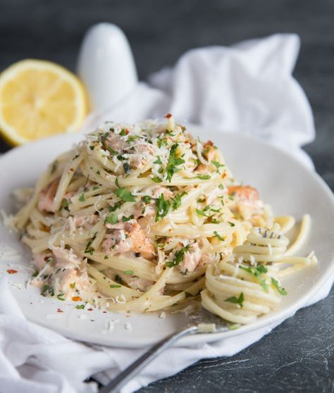 Salmon Pasta in a Creamy Dill Sauce with chilli flakes and parmesan Chicken Avocado Pasta, Dill Pasta, Creamy Salmon Pasta, Salmon Pasta Recipes, Creamy Dill Sauce, Garlic Butter Salmon, Dill Sauce, Salmon Pasta, Creamy Pasta