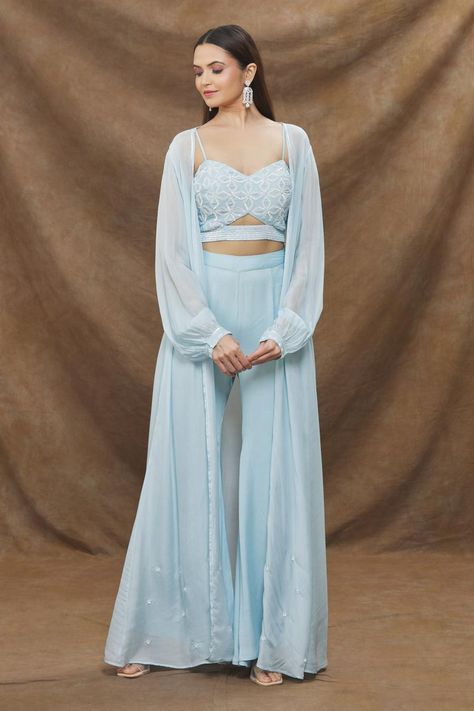 Buy Kanj by Priyanka A Sakhuja Blue Silk Satin Sheer Sleeved Cape Bell Bottoms Pant Set Online | Aza Fashions Latest Traditional Dresses, Casual Bridal Dress, Embroidery Geometric, Chinese Fancy Dress, Baju Kahwin, Diwali Dresses, Satin Embroidery, Simple Lehenga, Trendy Outfits Indian