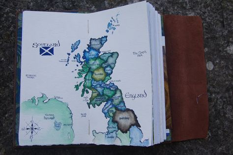 Watercolor Map inside by travel journal for N. England and Scotland Scotland Travel Journal, Travel Journaling, Travel Journal Cover, Travel Sketchbook, Sketch Journal, Watercolor Map, England And Scotland, Scotland Travel, Art Travel