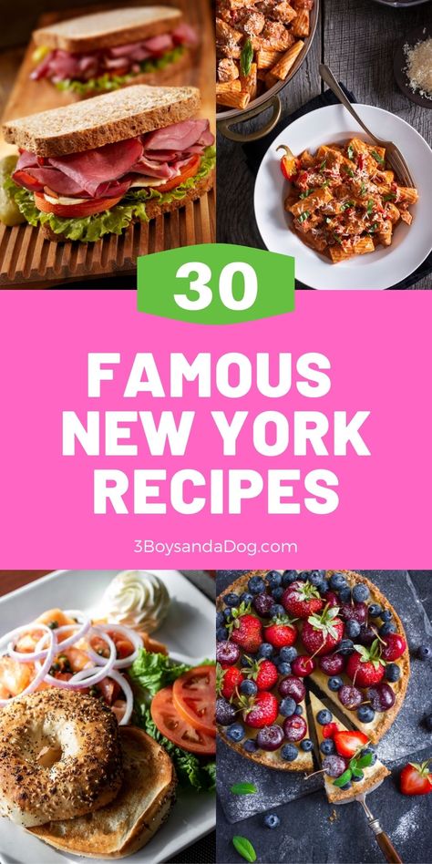 Famous New York Recipes include pastrami on rye, chicken riggies, bagels and lox, cheesecake, Manhattan clam chowder, and buffalo wings. #newyorkfamousfoods #eatnewyorkdishes #3boysandadog New York Recipes Dinner, Famous Restaurant Recipes New York, New Jersey Food Recipes, All American Recipes, Usa Food Recipes, Philadelphia Food Recipes, New York Food Recipes, New York Foods, New York Recipes