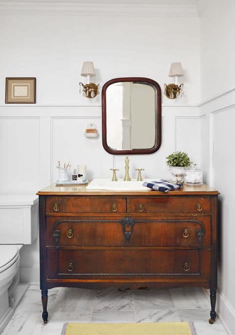 Looking for bathroom renovation inspiration?  I've rounded up my favorite DIY bathroom vanities from old furniture! Turn a dresser to a vanity! Dresser As Vanity, Vintage Dresser Vanity, Bathroom Vanity Dresser, Makeover Kamar Mandi, Luxury Bathroom Master Baths, Dresser Vanity, Decor Ikea, Bad Inspiration, Wood Dresser