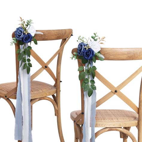 PRICES MAY VARY. 100% 涤纶 Wedding Aisle Chair Flowers: The wedding aisle decoration flowers are composed of open big dark blue / dusty blue / white rose flowers, gold leaves, rose leaves, green eucalyptus leaves; the folded chiffon fabric drapes length is 1.5yards, and the silk-like ribbons are dusty blue and white; extra one 70cm ribbon attached for easy tying. These chair flowers are full in shape, rich in layers and vivid in color. The smooth lines outline the simple and atmospheric shape,eleg Reception Chair Decorations, Church Wedding Decorations Aisle, Pew Flowers, Blue And White Roses, Pew Decorations, Aisle Decorations, Party Chairs, Church Wedding Decorations, Aisle Flowers