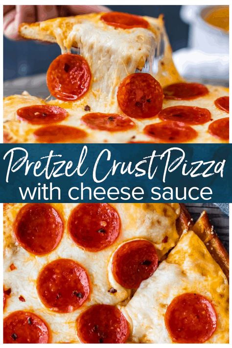 Soft Pretzel Crust Pizza with Cheese Sauce is the ULTIMATE easy Cheesy Pizza Recipe! This pizza is a Little Caesar's Copycat Recipe, modeled after their famous Pretzel Crust Pizza Recipe with cheese sauce instead of marinara! We are obsessed! Pretzel Sauce, Pretzel Crust Pizza, Pizza Pretzel, Pretzel Pizza, Vegetable Pizza Recipes, Recipe With Cheese, Cheese Pizza Recipe, Pretzel Bread, Pretzel Crust