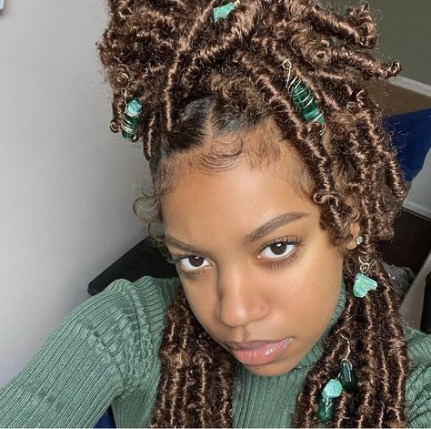 Beads On Faux Locs, Decorated Faux Locs, Faux Locs With Beads, Brown Faux Locs, Locs With Beads, Butterfly Locks, Loc Goals, Faux Locs Hairstyles, Hairstyle Inspo