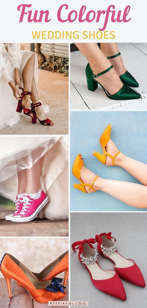 Here are 14 fun colorful wedding shoes for brides to choose from. Colored bridal shoes are all about expressing your true character. Match your wedding dress and theme, your personality, and your venue with the right pop of color heels or comfortable shoes. For example, gold heels for an end of the summer outdoor wedding ceremony, or bright green heels for a tropical touch. Choose from the best colored bridal shoes and don’t forget to show us your wedding look! Unique Wedding Shoes Flats, Orange Wedding Shoes Brides, Funky Wedding Shoes Brides, Colored Shoes With Wedding Dress, Colorful Wedding Shoes Brides, Colourful Wedding Shoes, Colored Wedding Shoes, Orange Wedding Shoes, Floral Bridal Shoes