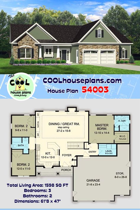 A single level floor plan with a popular split bedroom layout. The master bedroom is nicely placed behind the garage and the spare bedrooms share a bathroom on the opposite side of the house.  The living space has the kitchen at the front of the house with a central island/bar top. A large open space is shared by the great room and an informal dining room with fireplace.  A front load two-car garage with ample storage space, enters not far from the kitchen. Access attic storage with a drop down. One Level House Plans, Barndominium House, Craftsman Ranch, Floor Plans Ranch, Basement House Plans, Little House Plans, Split Bedroom, Mediterranean House, Southern House