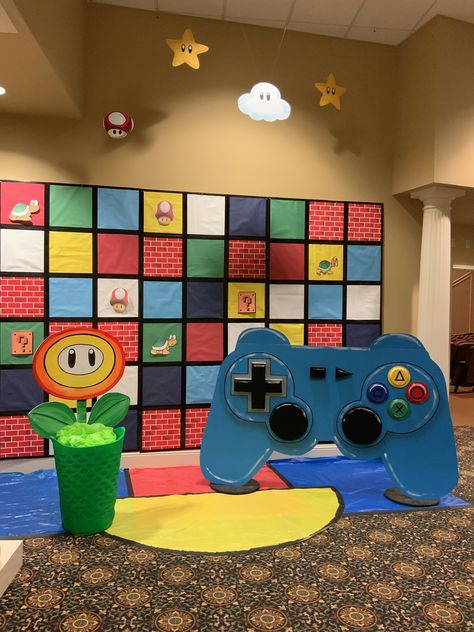 Video Game Backdrop, Arcade Theme Party Decorations, Video Game Homecoming Theme, Video Game Theme Vbs, Level Up School Theme, Video Game Theme Classroom, Arcade Decorations, Game Show Party, Video Game Decorations