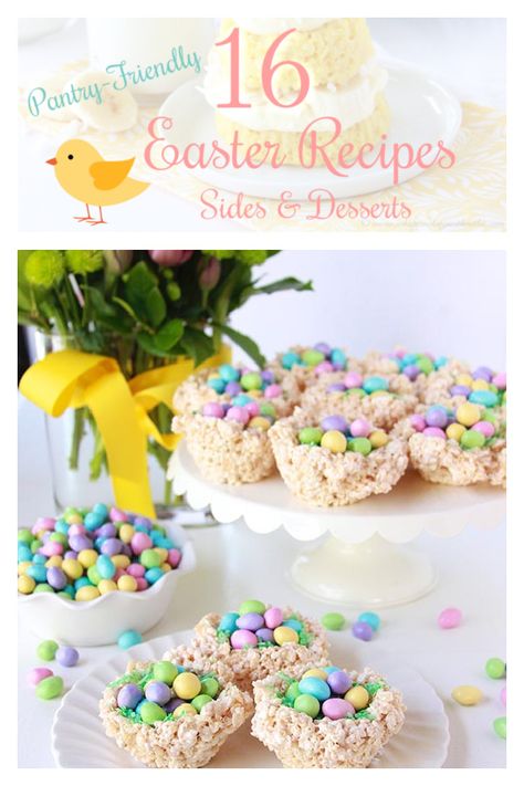 16 Pantry-Friendly Easter Recipes; Sides & Desserts to compliment your Easter ham this year! We’re diving into our pantries for ideas on Easter side dishes, breads, salads, desserts, and beverages to help make your Easter dinner a delight! || cookingwithruthie.com #easterrecipes #easterideas #easterdesserts #eastersides #EasterDishes #Easter #PantryFriendly #Spring #EasterDinner Rice Crispy Nests For Easter, Rice Krispie Easter Nests, Birds Nest Rice Crispy Treats, Easter Nest Treats, Easter Rice Crispy Treats, Easter Nests Recipe, Easter Candies, Easter Sides, Easter Egg Nest